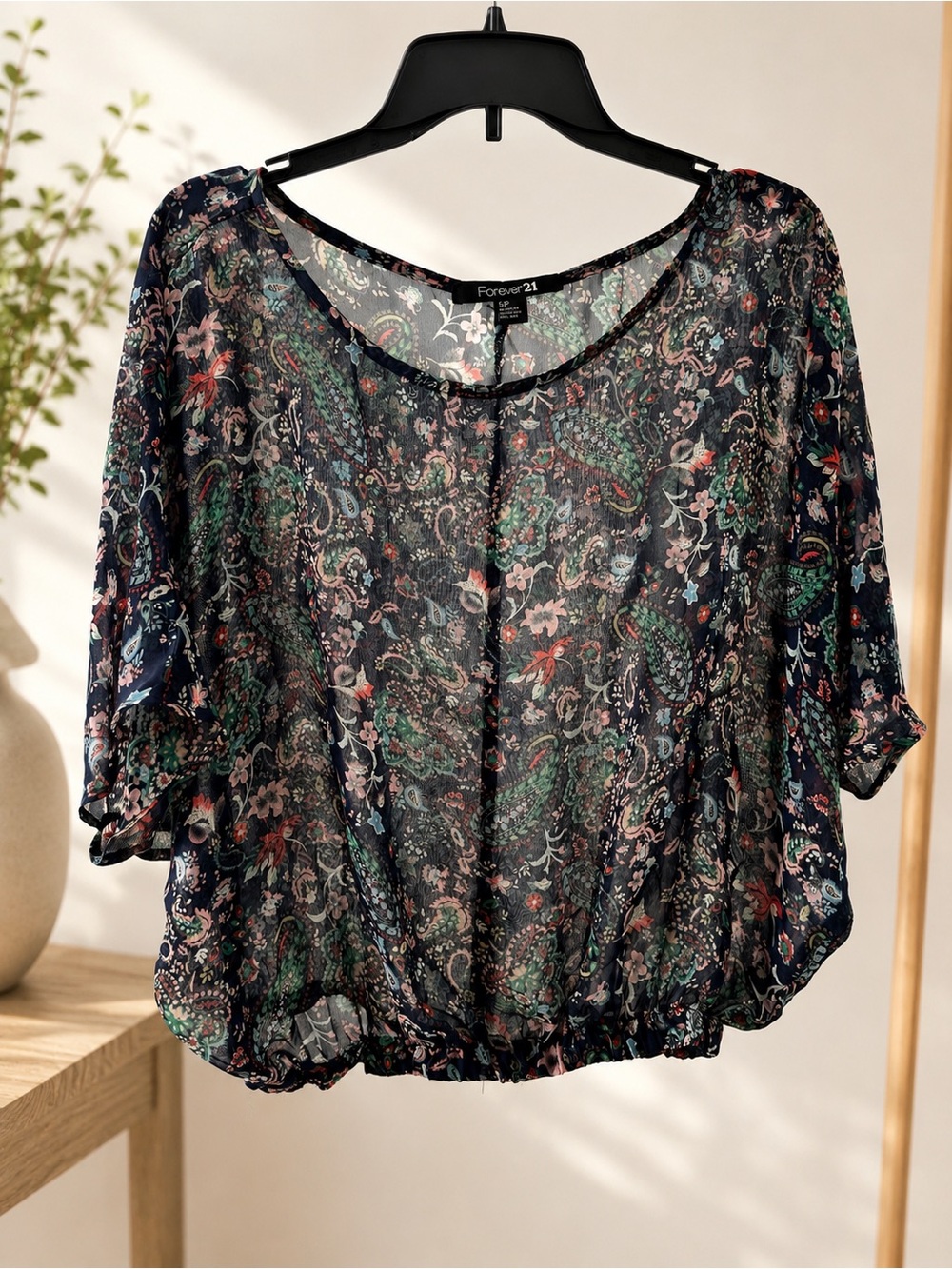 Forever 21 Navy Floral Paisley Sheer Top